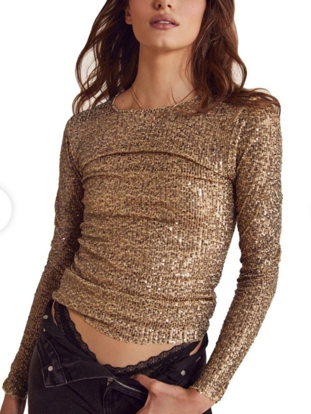 FREE PEOPLE Sequined Stretch Blouse Intimately Gold Rush Long-Sleeve